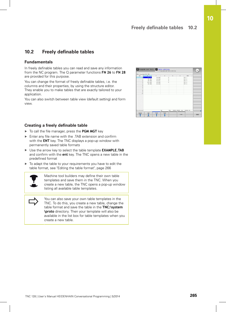 2 freely definable tables, Fundamentals, Creating a freely definable table | Freely definable tables, Freely definable tables 10.2 | HEIDENHAIN TNC 128 (77184x-02) User Manual | Page 265 / 513