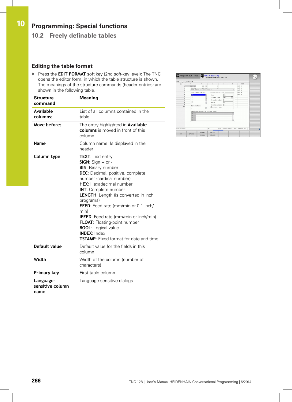 Editing the table format | HEIDENHAIN TNC 128 (77184x-02) User Manual | Page 266 / 513