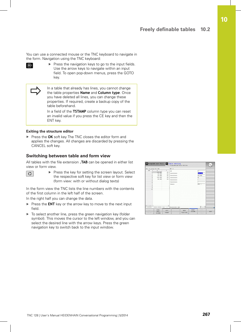 Switching between table and form view, Freely definable tables 10.2 | HEIDENHAIN TNC 128 (77184x-02) User Manual | Page 267 / 513