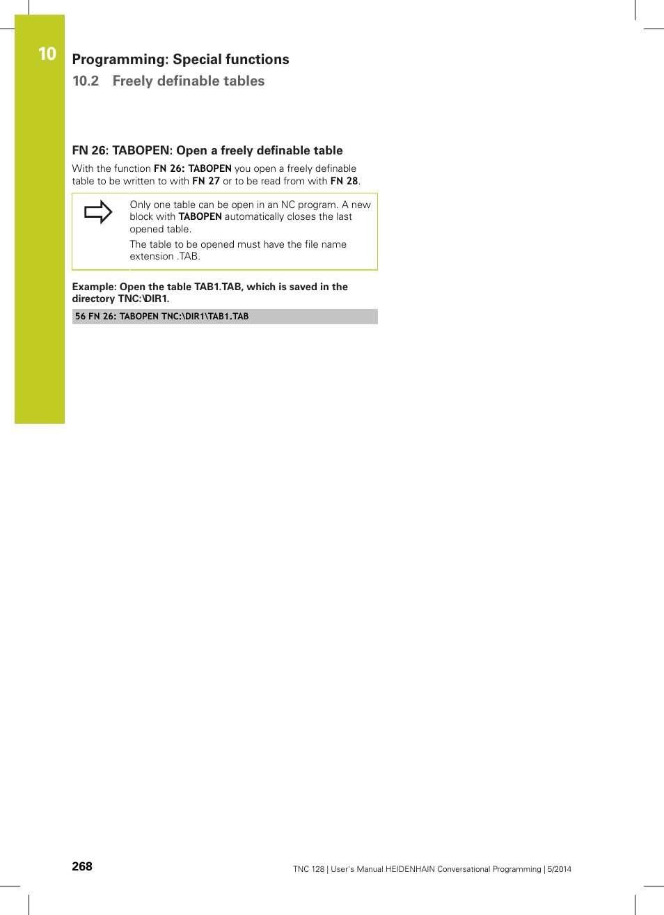 Fn 26: tabopen: open a freely definable table | HEIDENHAIN TNC 128 (77184x-02) User Manual | Page 268 / 513