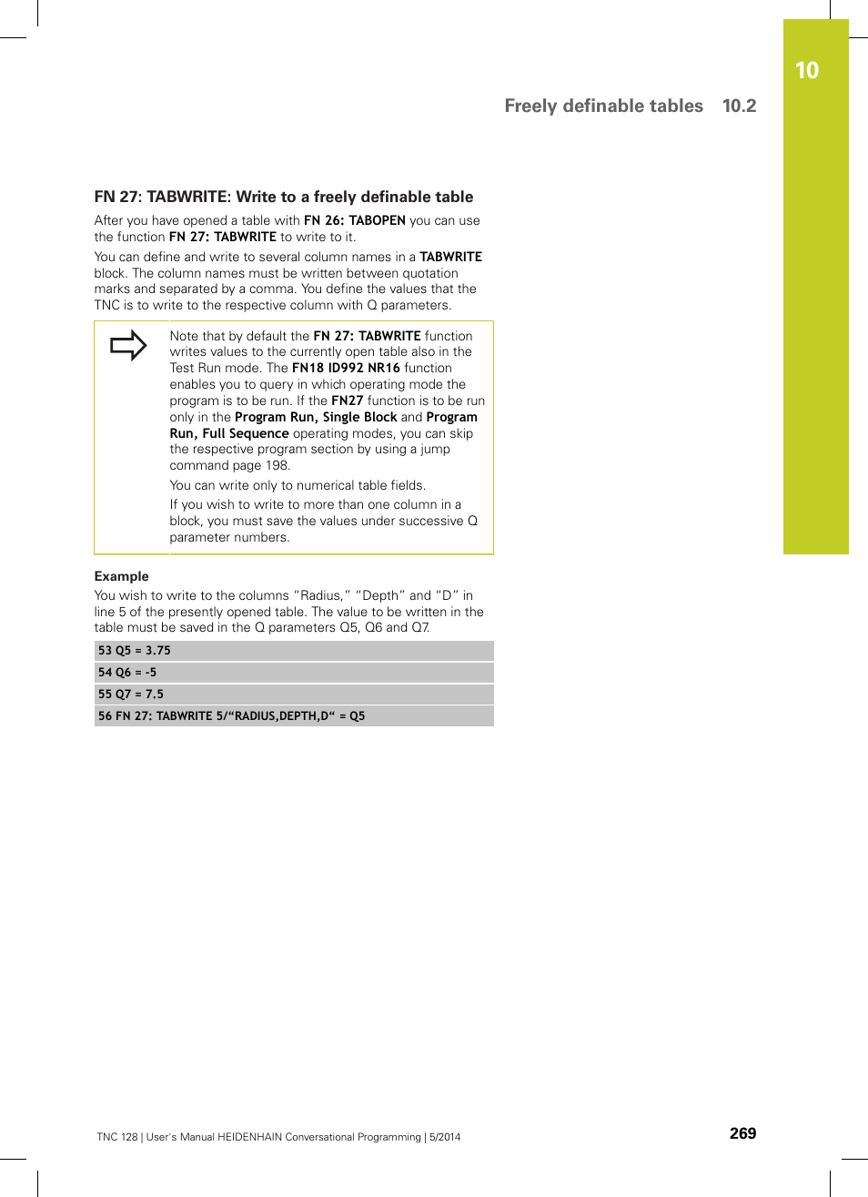 Fn 27: tabwrite: write to a freely definable table, Freely definable tables 10.2 | HEIDENHAIN TNC 128 (77184x-02) User Manual | Page 269 / 513