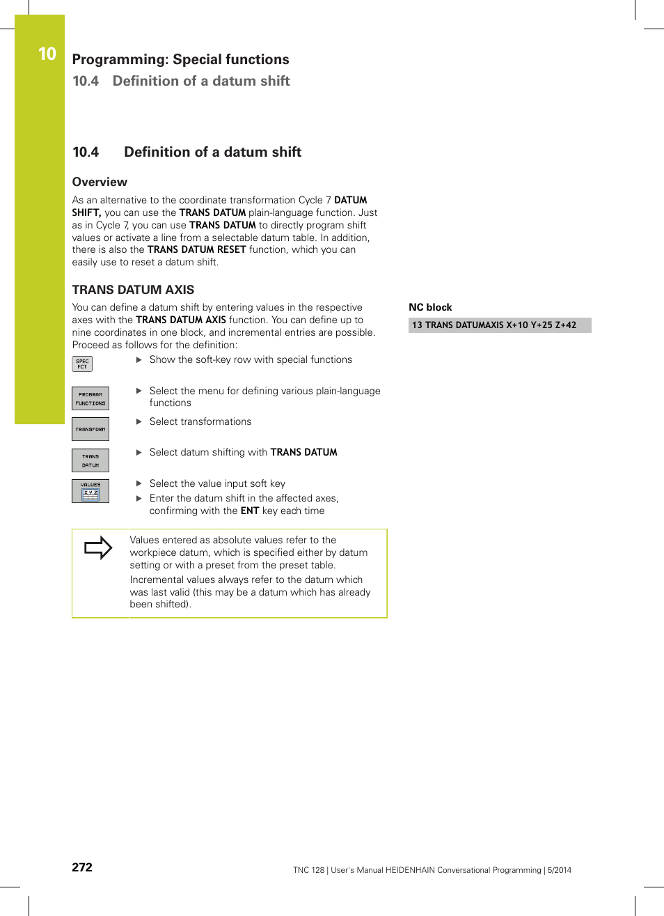 4 definition of a datum shift, Overview, Trans datum axis | Definition of a datum shift | HEIDENHAIN TNC 128 (77184x-02) User Manual | Page 272 / 513