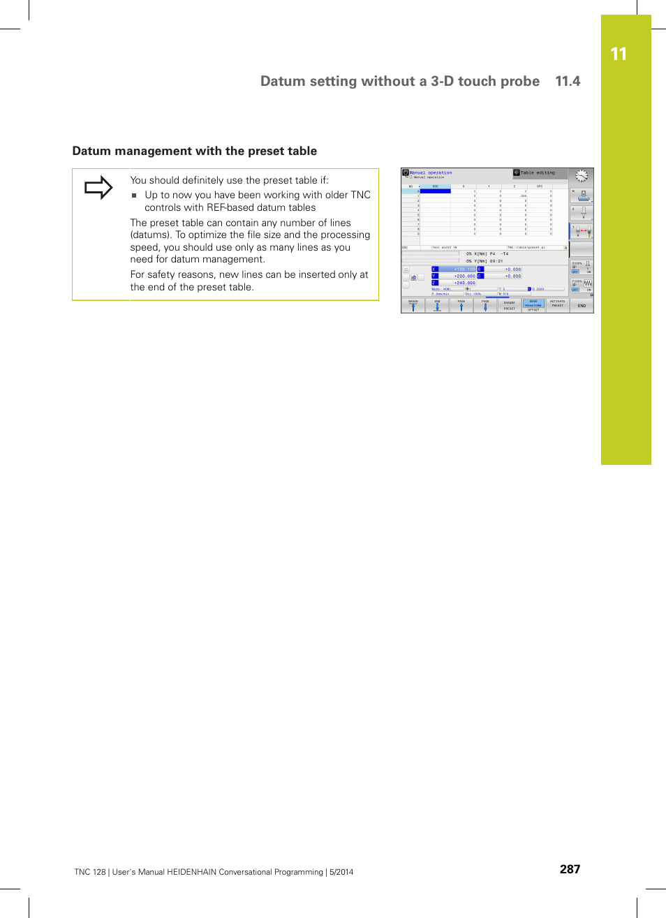 Datum management with the preset table | HEIDENHAIN TNC 128 (77184x-02) User Manual | Page 287 / 513