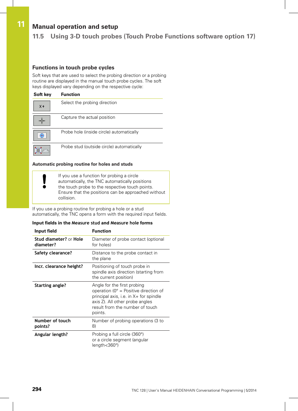 Functions in touch probe cycles | HEIDENHAIN TNC 128 (77184x-02) User Manual | Page 294 / 513