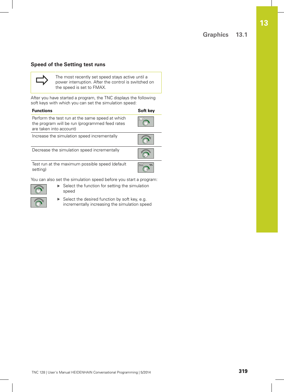 Speed of the setting test runs, Graphics 13.1 | HEIDENHAIN TNC 128 (77184x-02) User Manual | Page 319 / 513