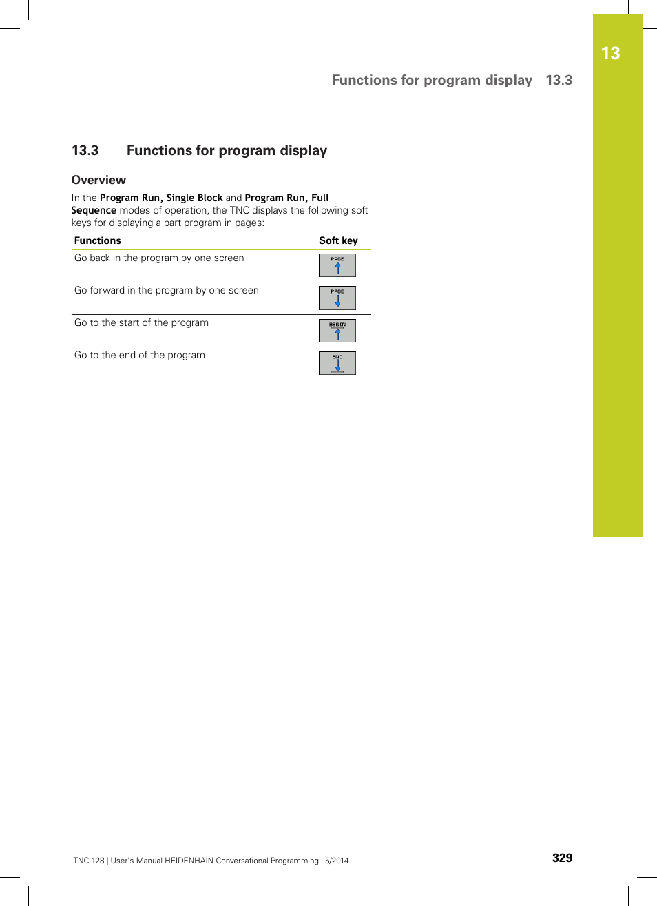 3 functions for program display, Overview, Functions for program display | Functions for program display 13.3 | HEIDENHAIN TNC 128 (77184x-02) User Manual | Page 329 / 513