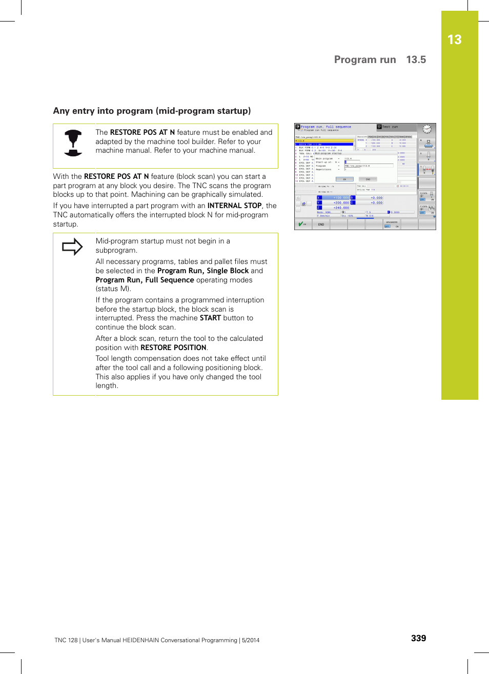 Any entry into program (mid-program startup), Program run 13.5 | HEIDENHAIN TNC 128 (77184x-02) User Manual | Page 339 / 513
