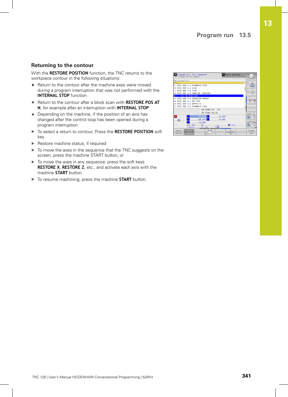 Returning to the contour, Program run 13.5 | HEIDENHAIN TNC 128 (77184x-02) User Manual | Page 341 / 513