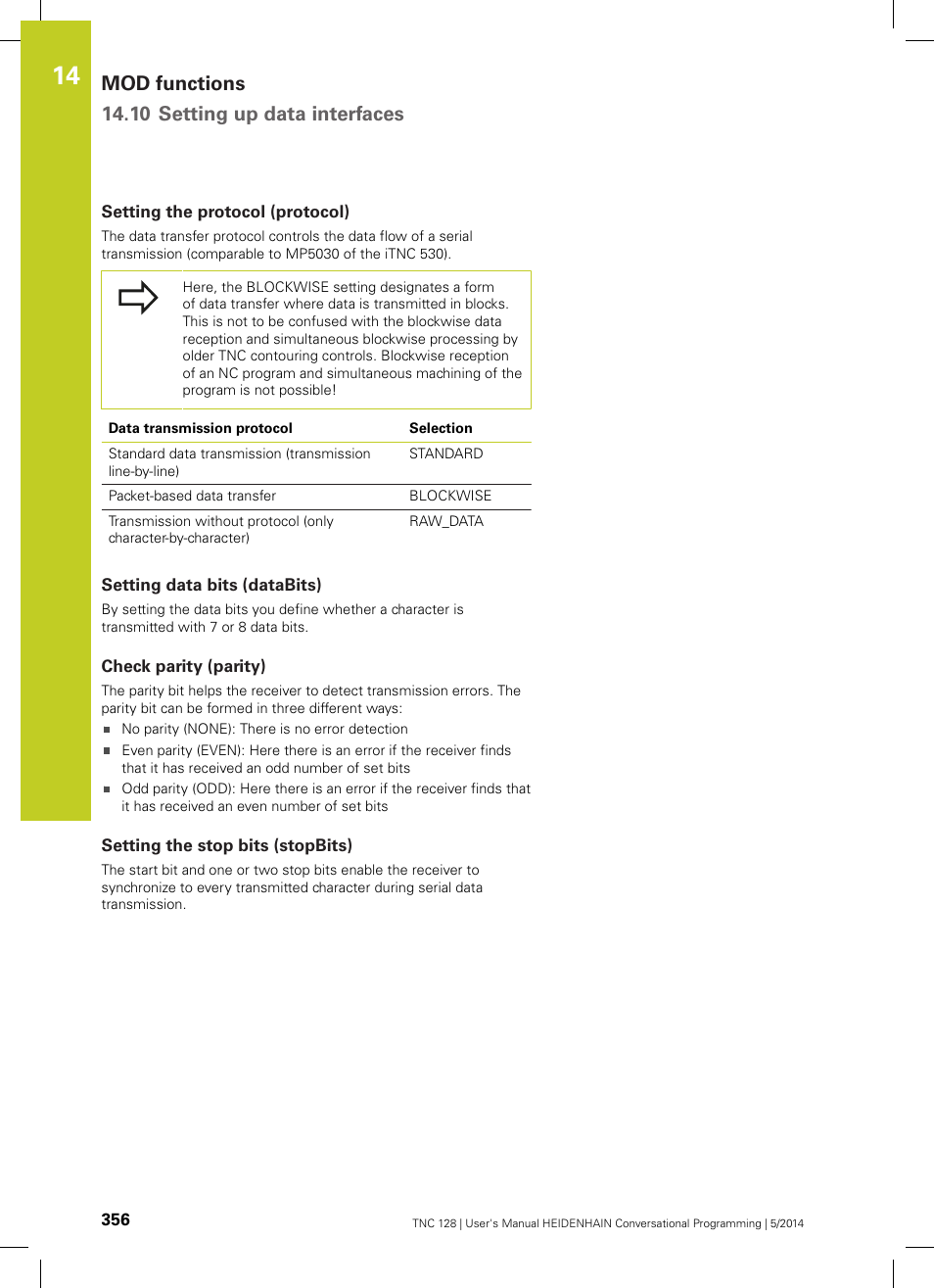 Setting the protocol (protocol), Setting data bits (databits), Check parity (parity) | Setting the stop bits (stopbits), Mod functions 14.10 setting up data interfaces | HEIDENHAIN TNC 128 (77184x-02) User Manual | Page 356 / 513