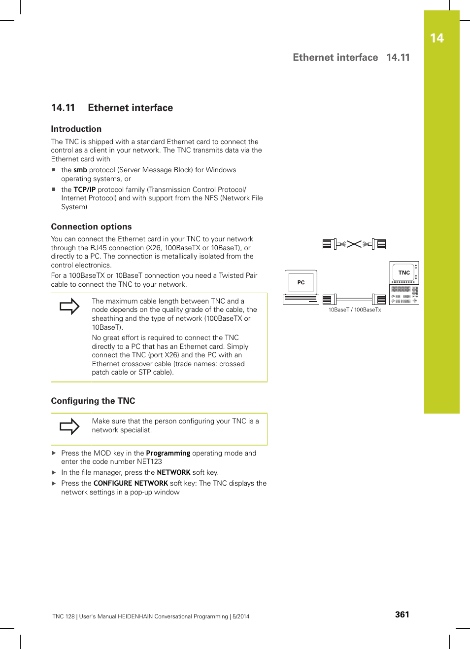 11 ethernet interface, Introduction, Connection options | Configuring the tnc, Ethernet interface, Ethernet interface 14.11 | HEIDENHAIN TNC 128 (77184x-02) User Manual | Page 361 / 513