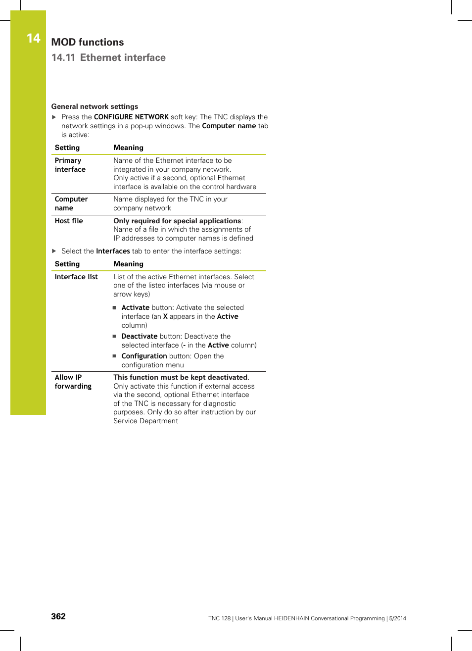 Mod functions 14.11 ethernet interface | HEIDENHAIN TNC 128 (77184x-02) User Manual | Page 362 / 513