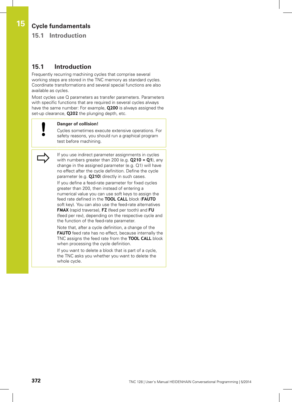 1 introduction, Introduction, Cycle fundamentals 15.1 introduction | HEIDENHAIN TNC 128 (77184x-02) User Manual | Page 372 / 513