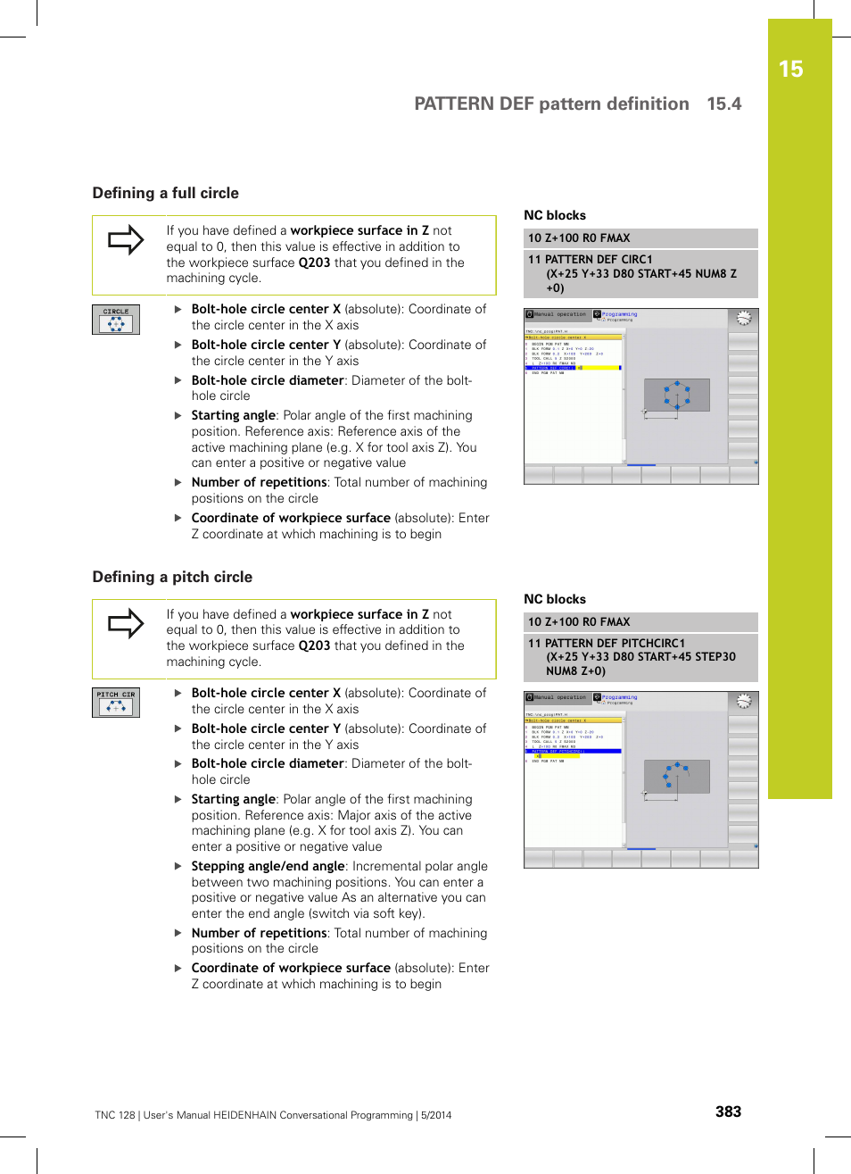 Defining a full circle, Defining a pitch circle, Pattern def pattern definition 15.4 | HEIDENHAIN TNC 128 (77184x-02) User Manual | Page 383 / 513