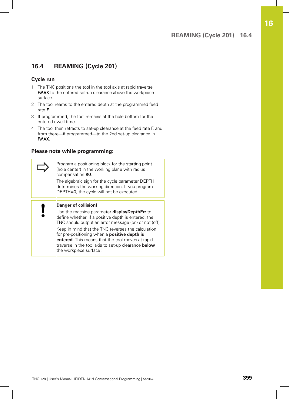 4 reaming (cycle 201), Cycle run, Please note while programming | Reaming (cycle 201) | HEIDENHAIN TNC 128 (77184x-02) User Manual | Page 399 / 513