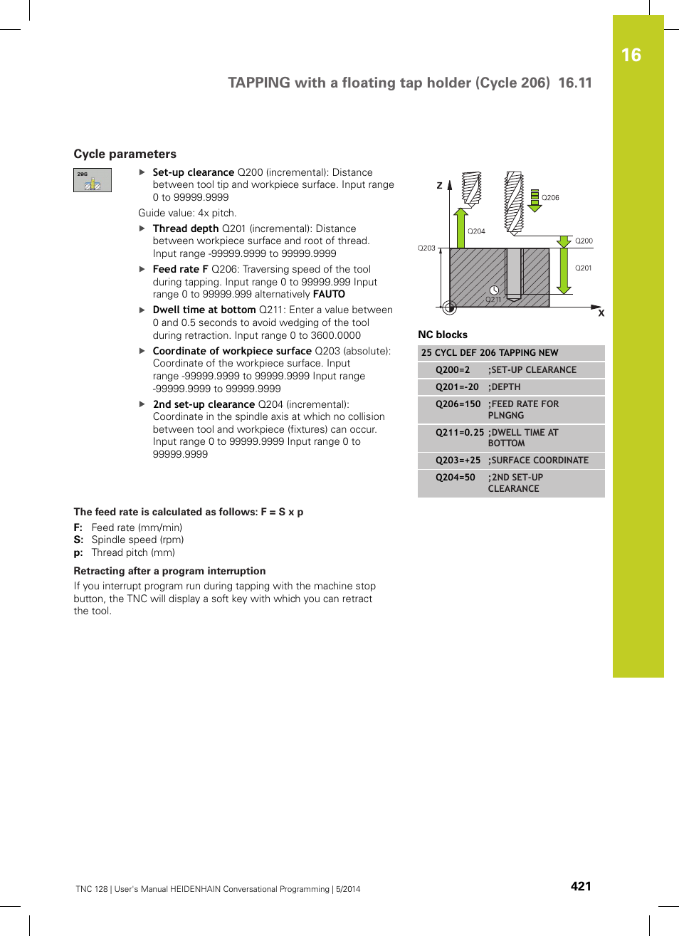 Cycle parameters, The feed rate is calculated as follows: f = s x p, Retracting after a program interruption | HEIDENHAIN TNC 128 (77184x-02) User Manual | Page 421 / 513