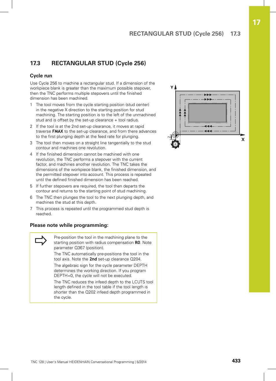 3 rectangular stud (cycle 256), Cycle run, Please note while programming | Rectangular stud (cycle 256) | HEIDENHAIN TNC 128 (77184x-02) User Manual | Page 433 / 513