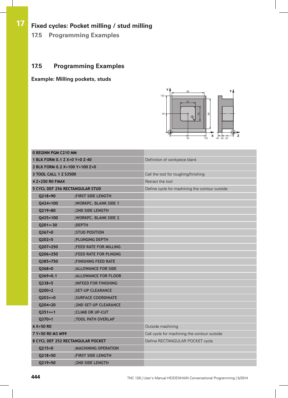 5 programming examples, Example: milling pockets, studs, Programming examples | HEIDENHAIN TNC 128 (77184x-02) User Manual | Page 444 / 513