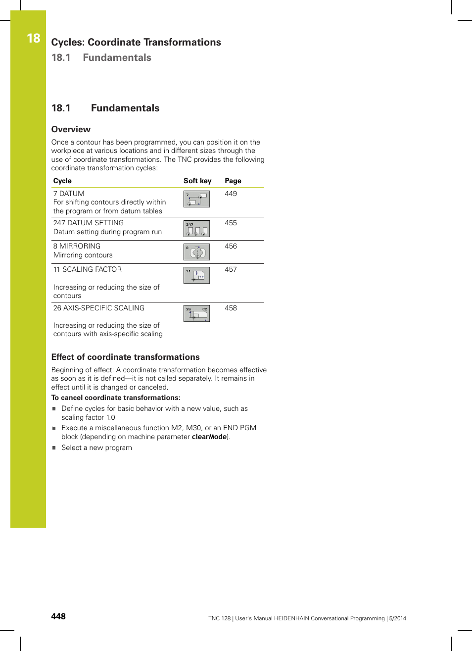 1 fundamentals, Overview, Effect of coordinate transformations | Fundamentals | HEIDENHAIN TNC 128 (77184x-02) User Manual | Page 448 / 513