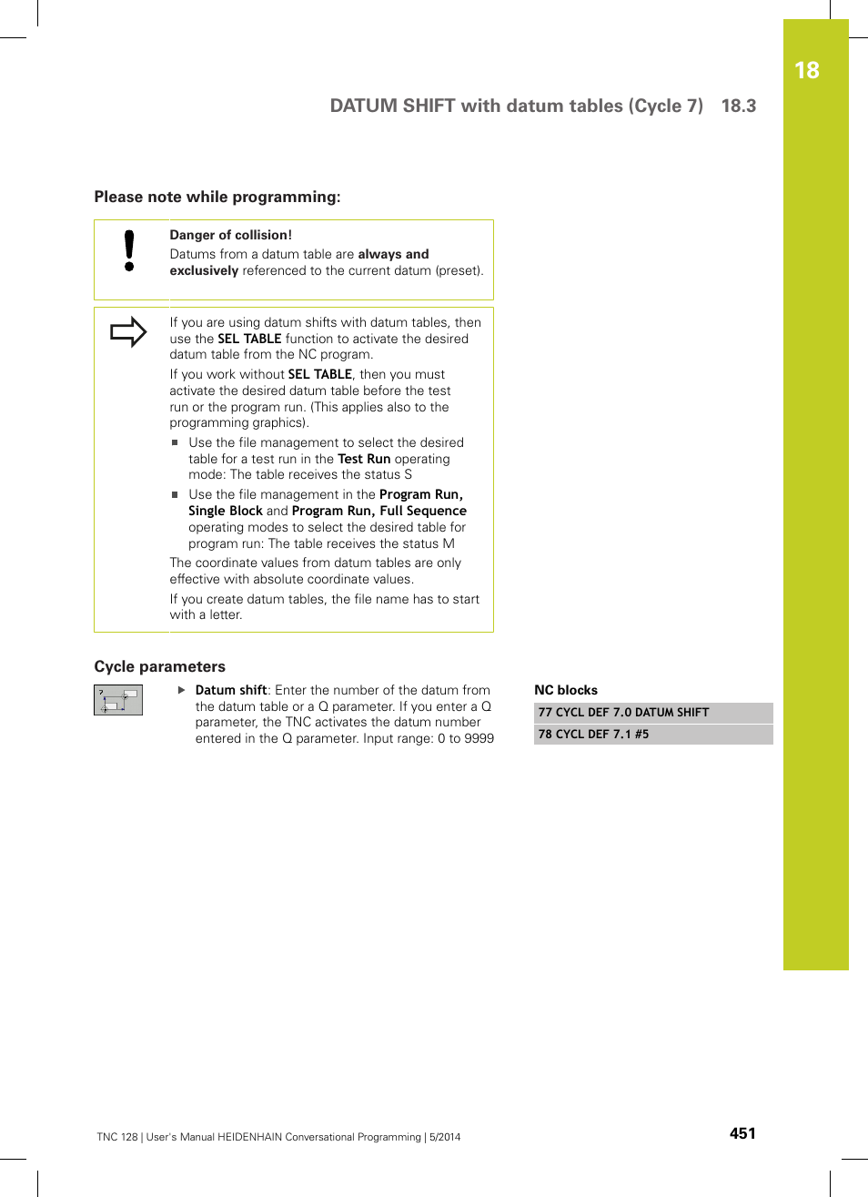 Please note while programming, Cycle parameters, Datum shift with datum tables (cycle 7) 18.3 | HEIDENHAIN TNC 128 (77184x-02) User Manual | Page 451 / 513