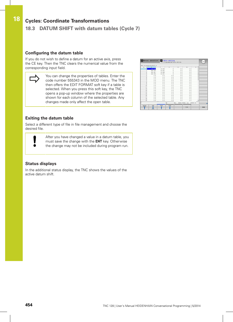 Configuring the datum table, Exiting the datum table, Status displays | HEIDENHAIN TNC 128 (77184x-02) User Manual | Page 454 / 513