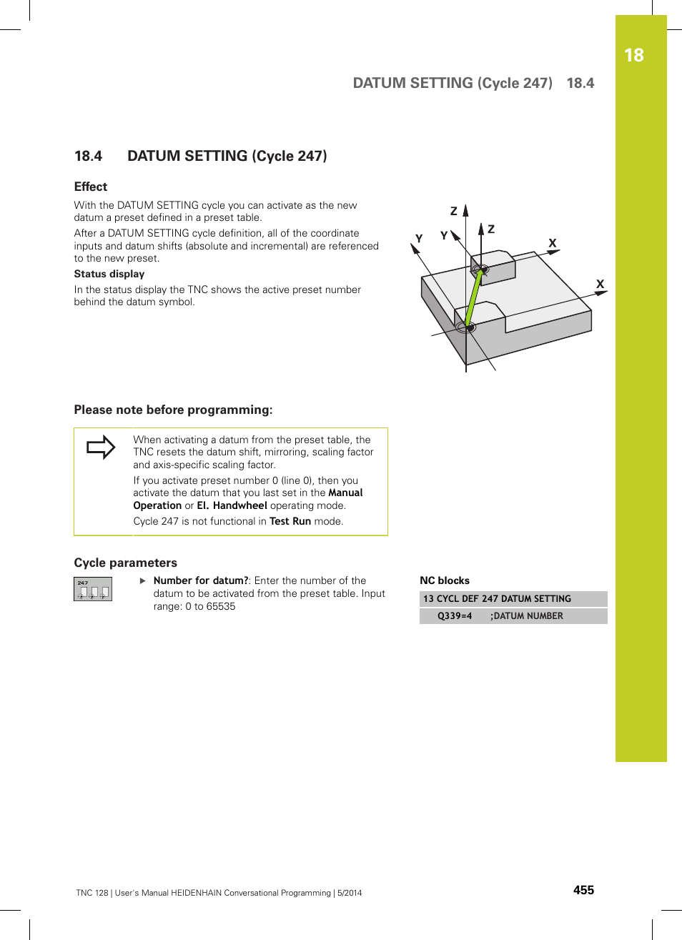 4 datum setting (cycle 247), Effect, Please note before programming | Cycle parameters, Datum setting (cycle 247) | HEIDENHAIN TNC 128 (77184x-02) User Manual | Page 455 / 513