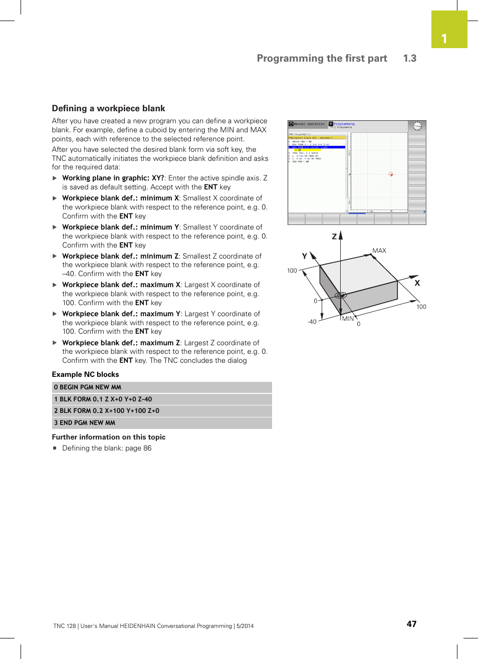 Defining a workpiece blank, Programming the first part 1.3 | HEIDENHAIN TNC 128 (77184x-02) User Manual | Page 47 / 513