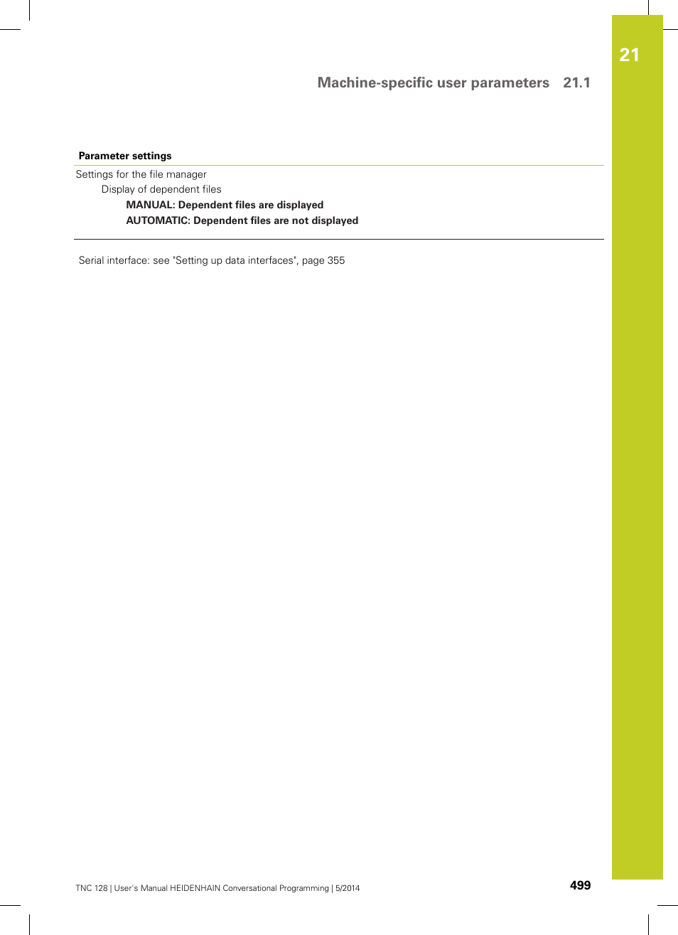 Machine-specific user parameters 21.1 | HEIDENHAIN TNC 128 (77184x-02) User Manual | Page 499 / 513