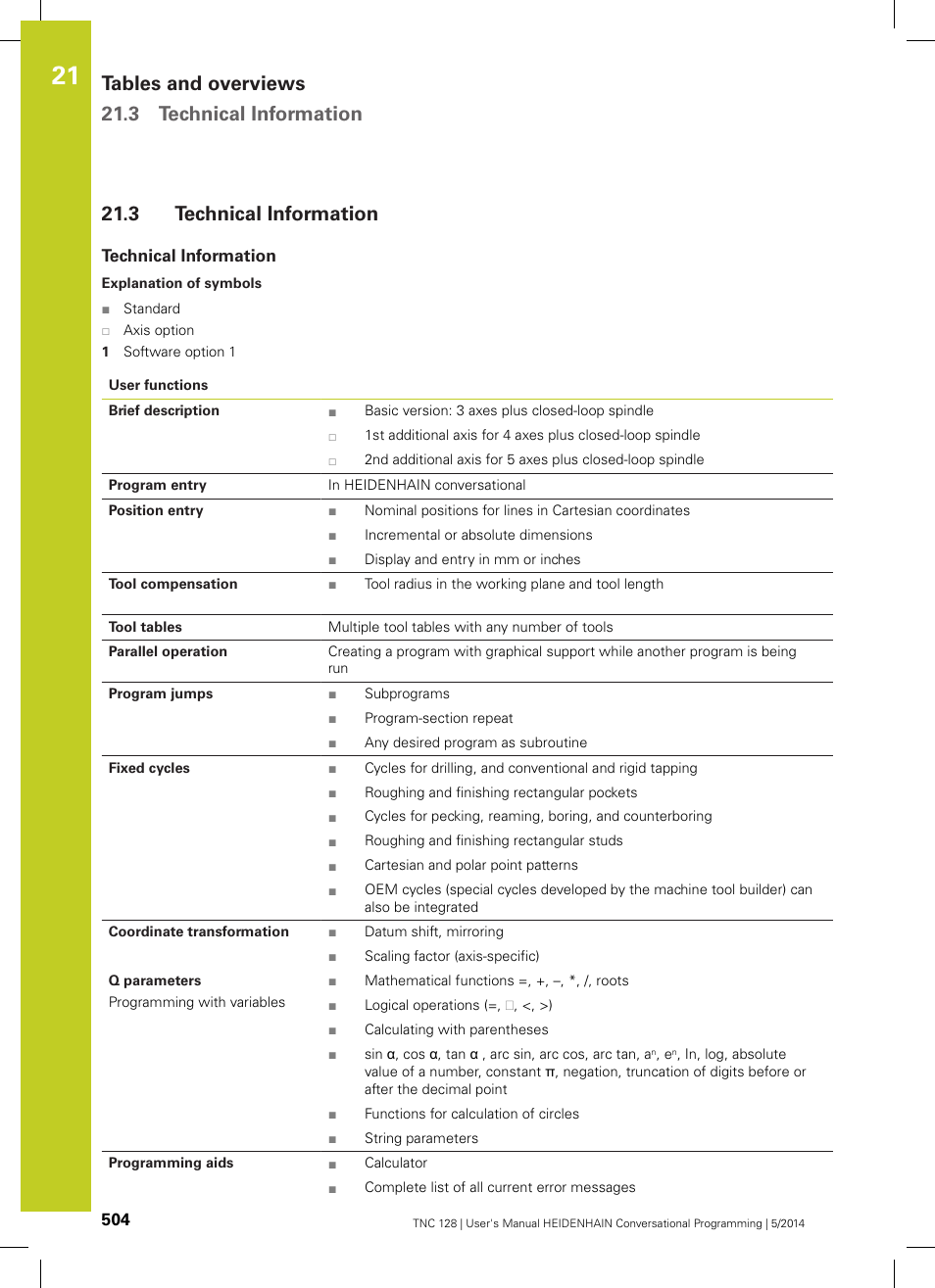 3 technical information, Technical information, Tables and overviews 21.3 technical information | HEIDENHAIN TNC 128 (77184x-02) User Manual | Page 504 / 513