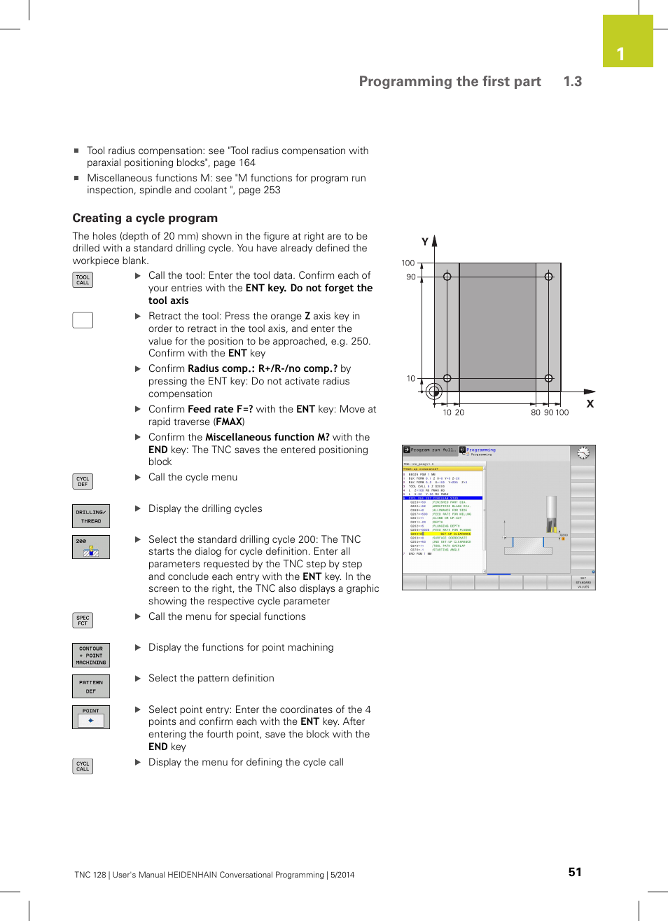 Creating a cycle program, Programming the first part 1.3 | HEIDENHAIN TNC 128 (77184x-02) User Manual | Page 51 / 513