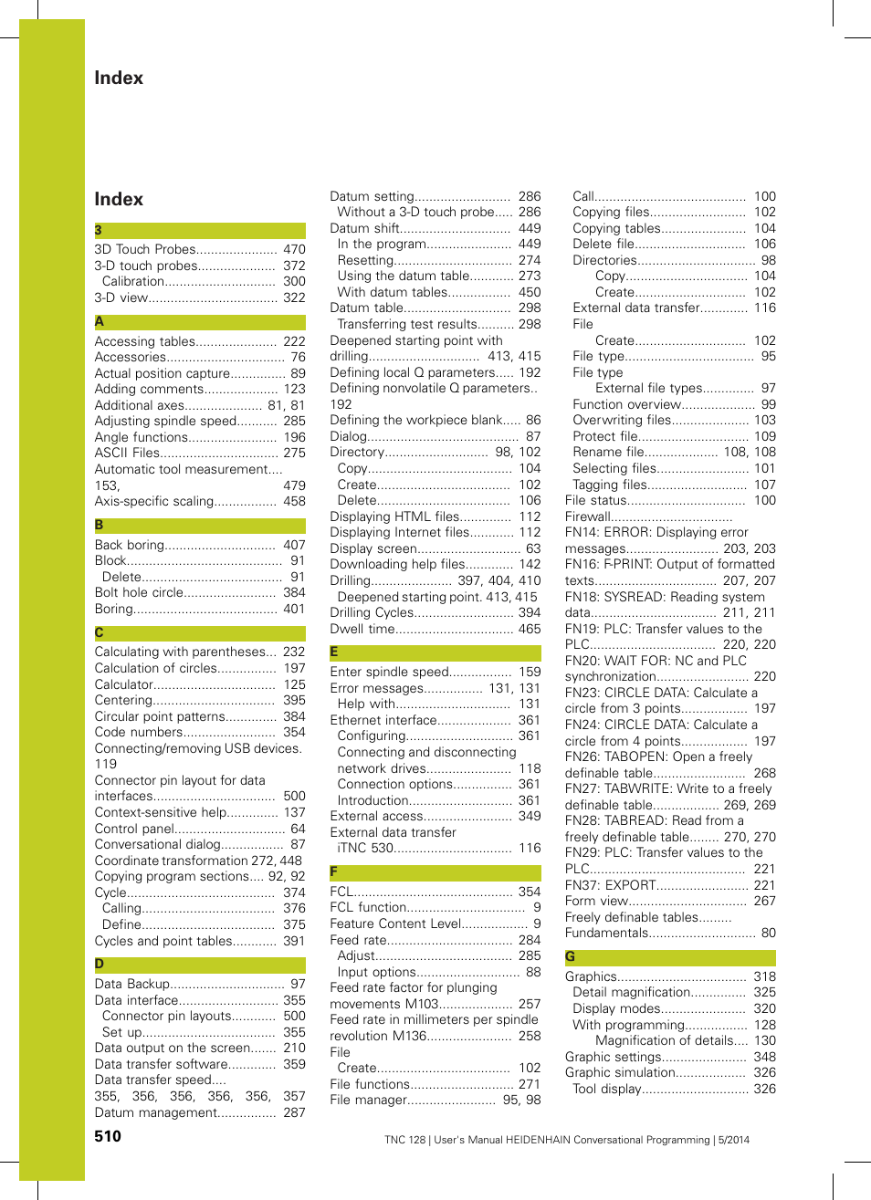 Index | HEIDENHAIN TNC 128 (77184x-02) User Manual | Page 510 / 513