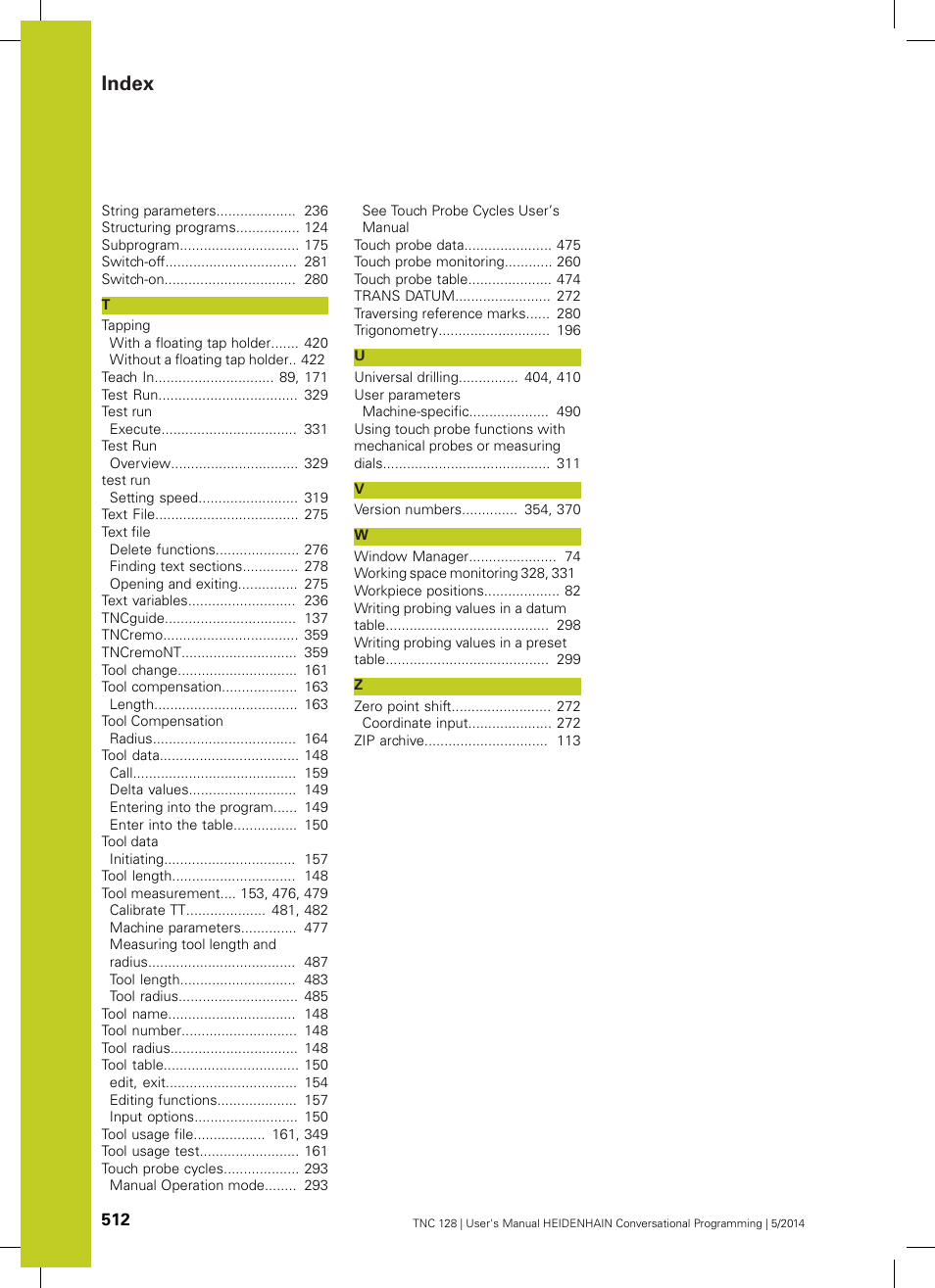 Index | HEIDENHAIN TNC 128 (77184x-02) User Manual | Page 512 / 513