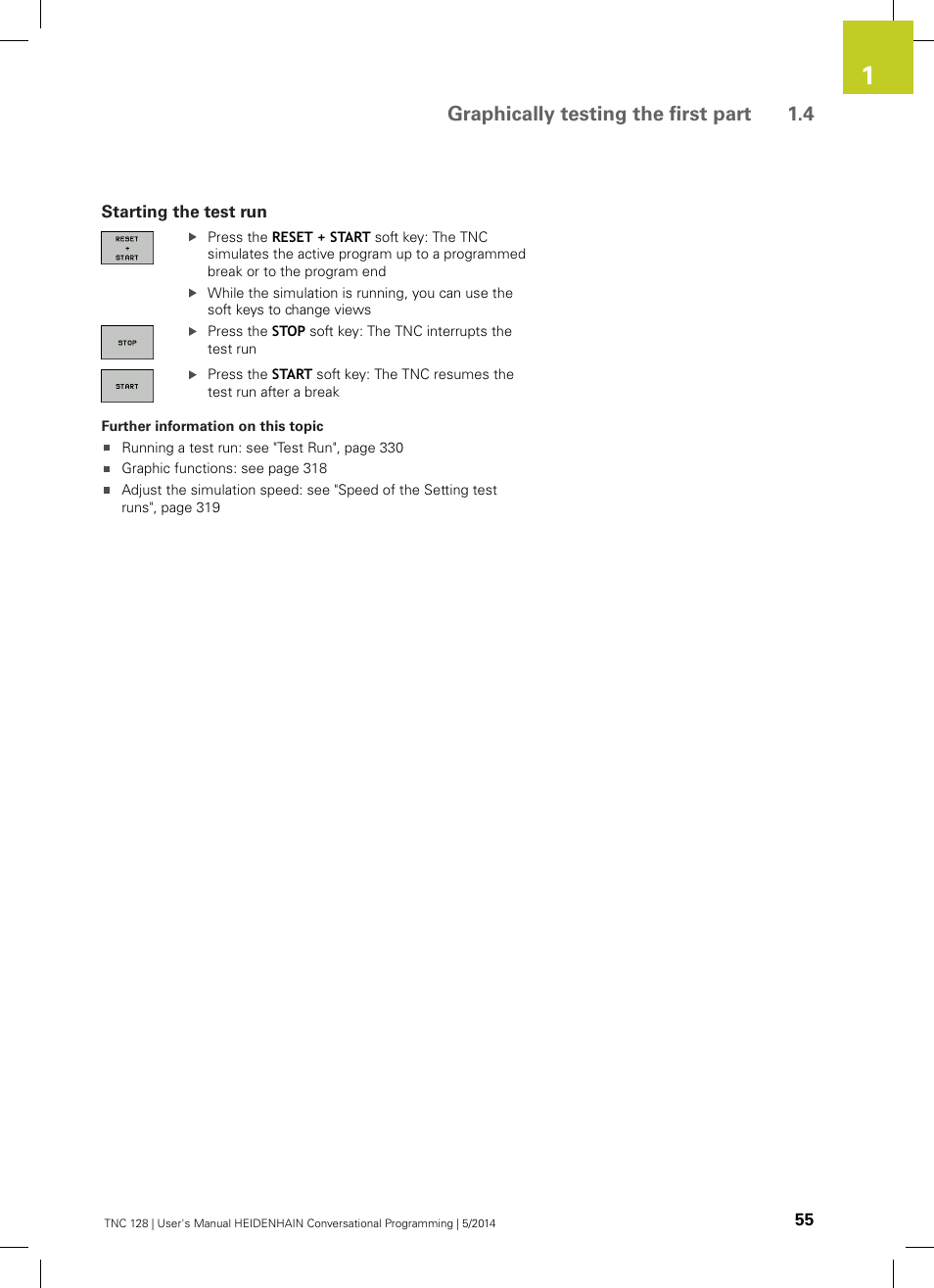 Starting the test run, Graphically testing the first part 1.4 | HEIDENHAIN TNC 128 (77184x-02) User Manual | Page 55 / 513