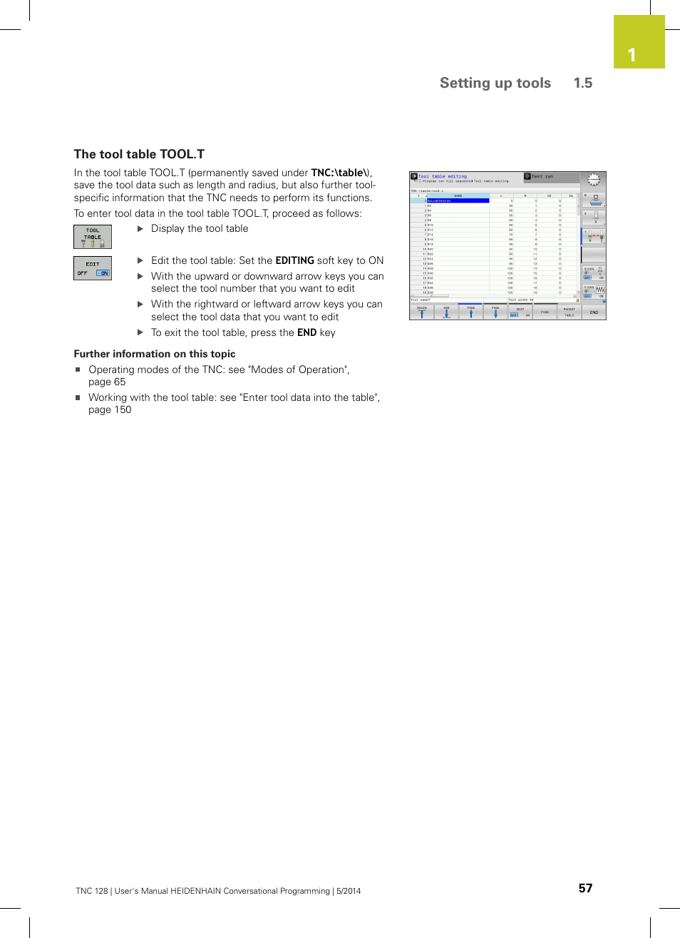 The tool table tool.t, Setting up tools 1.5 | HEIDENHAIN TNC 128 (77184x-02) User Manual | Page 57 / 513
