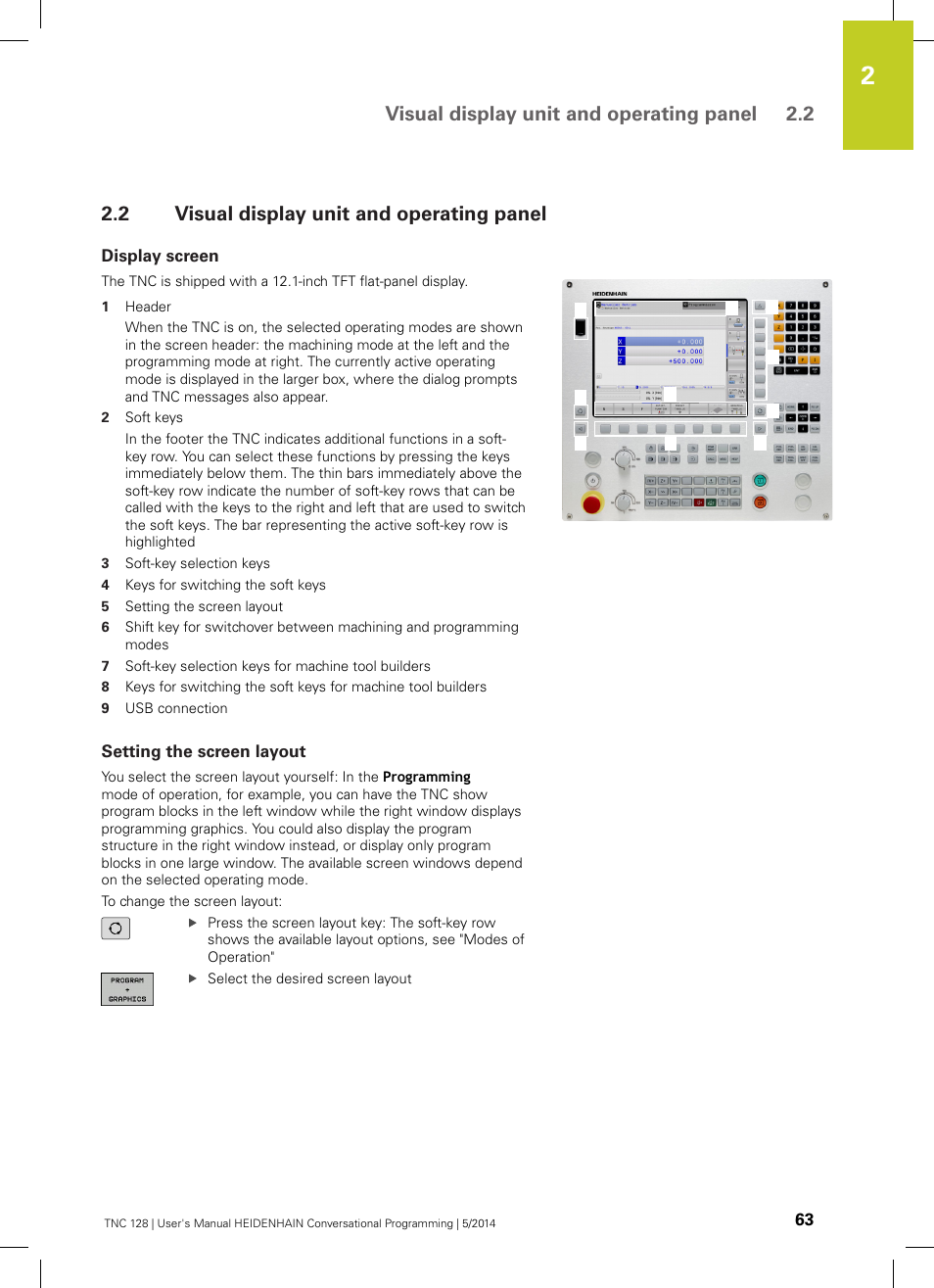 2 visual display unit and operating panel, Display screen, Setting the screen layout | Visual display unit and operating panel, Visual display unit and operating panel 2.2 | HEIDENHAIN TNC 128 (77184x-02) User Manual | Page 63 / 513