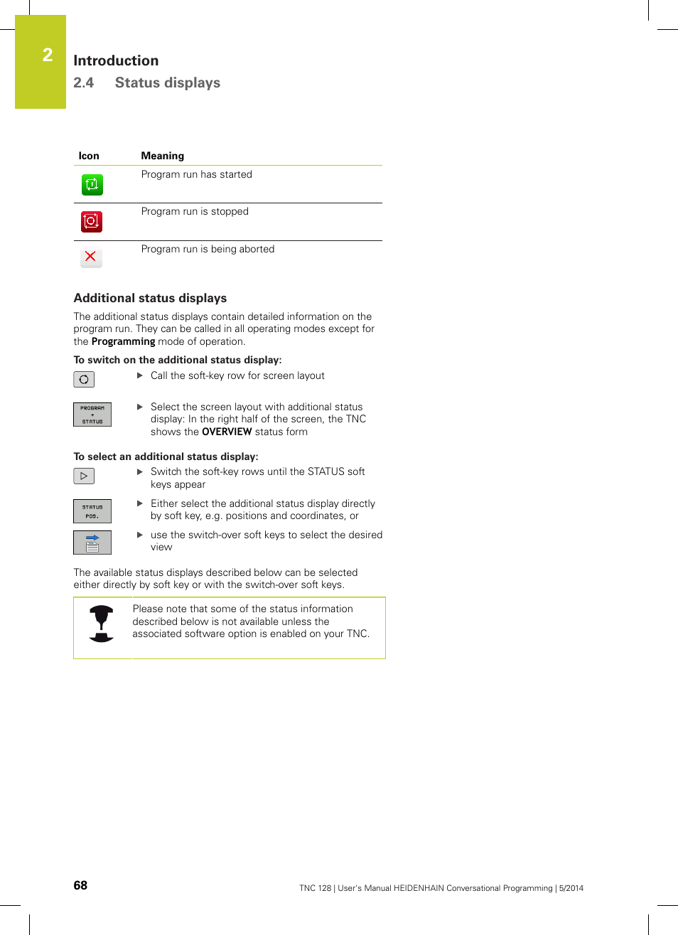 Additional status displays, Introduction 2.4 status displays | HEIDENHAIN TNC 128 (77184x-02) User Manual | Page 68 / 513