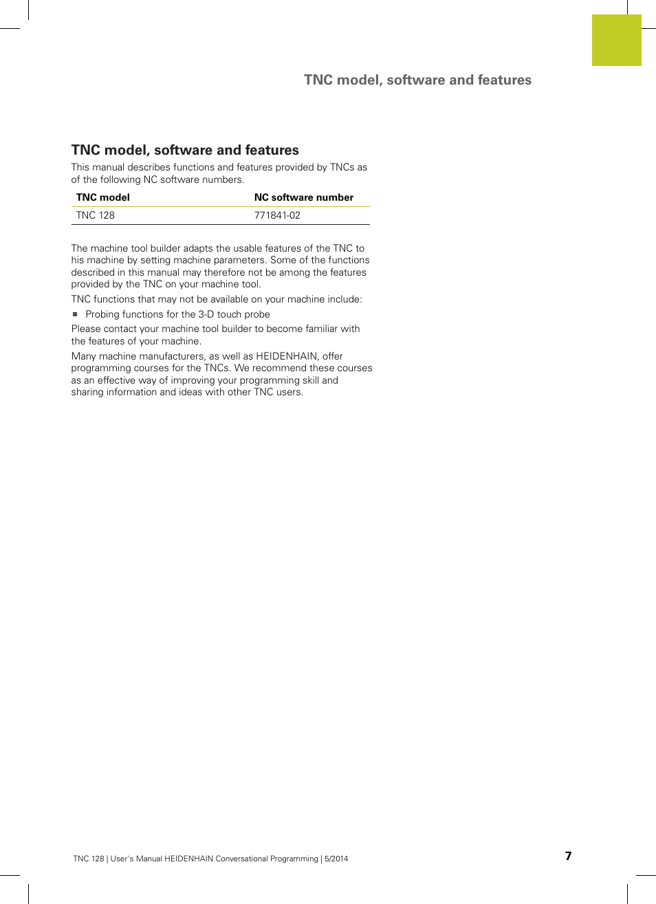 Tnc model, software and features | HEIDENHAIN TNC 128 (77184x-02) User Manual | Page 7 / 513
