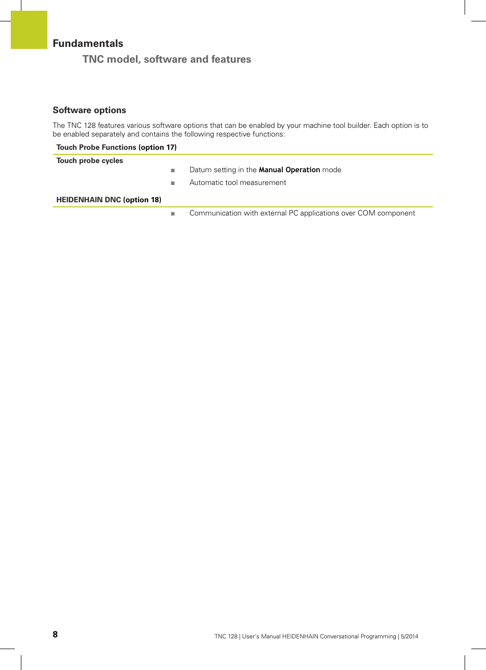 Software options, Fundamentals tnc model, software and features | HEIDENHAIN TNC 128 (77184x-02) User Manual | Page 8 / 513