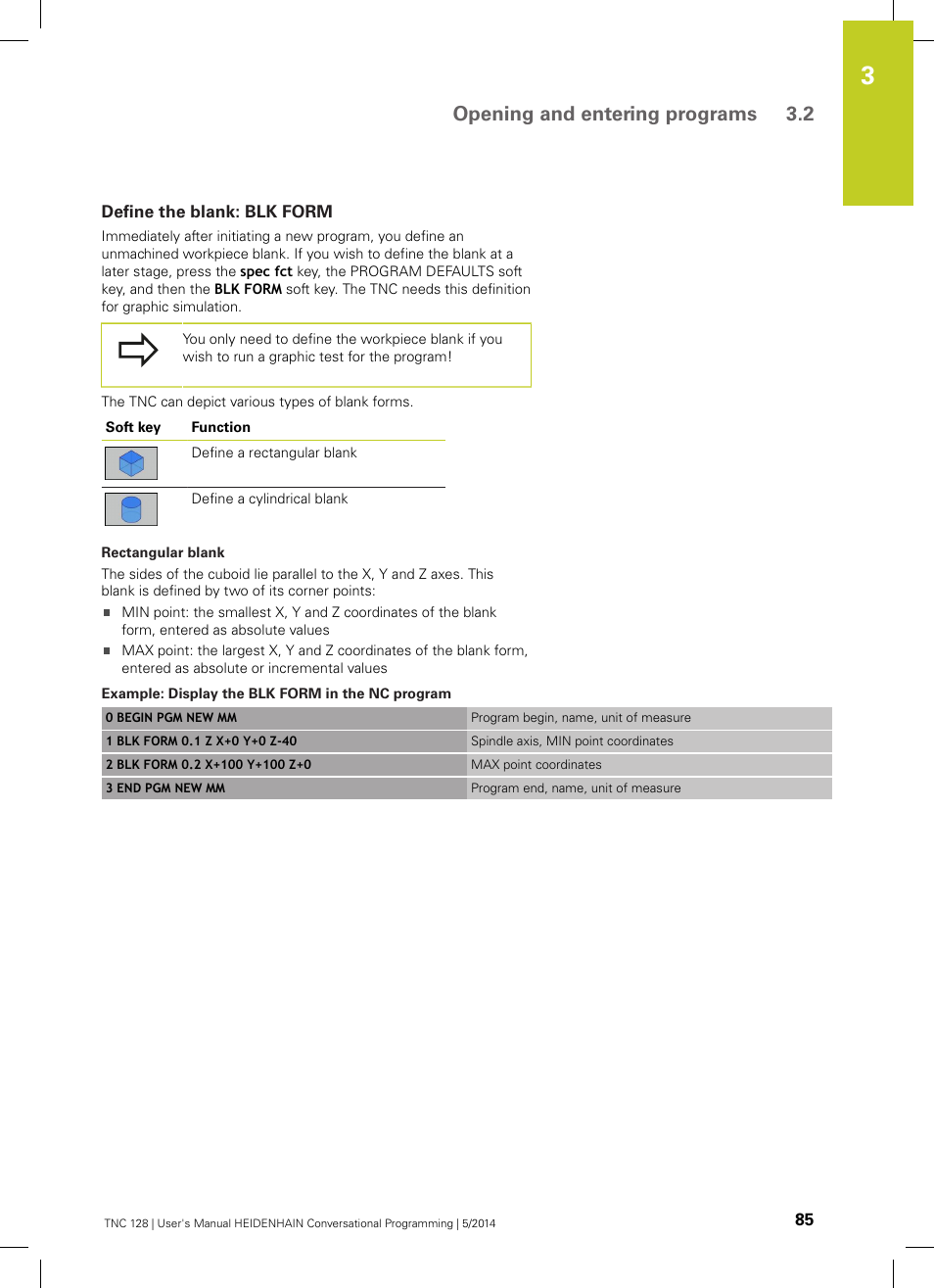 Define the blank: blk form, Opening and entering programs 3.2 | HEIDENHAIN TNC 128 (77184x-02) User Manual | Page 85 / 513