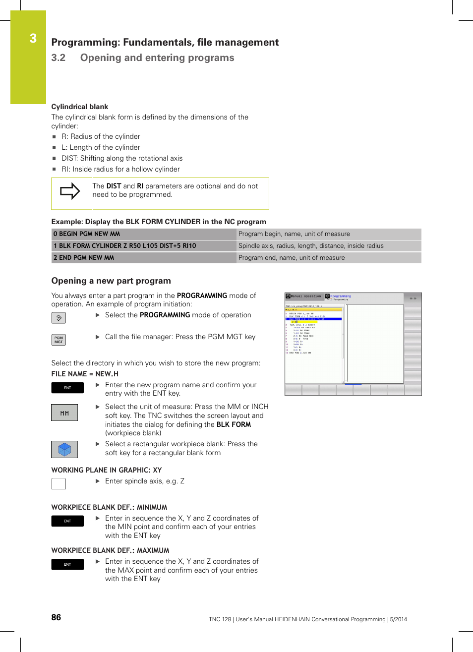 Opening a new part program | HEIDENHAIN TNC 128 (77184x-02) User Manual | Page 86 / 513