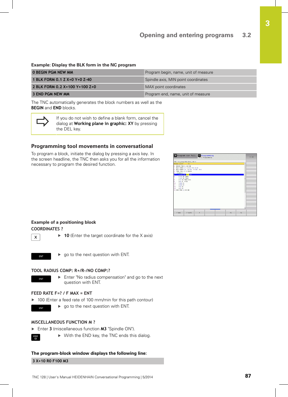 Programming tool movements in conversational, Opening and entering programs 3.2 | HEIDENHAIN TNC 128 (77184x-02) User Manual | Page 87 / 513