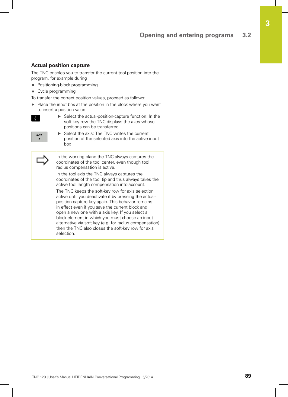 Actual position capture, Opening and entering programs 3.2 | HEIDENHAIN TNC 128 (77184x-02) User Manual | Page 89 / 513