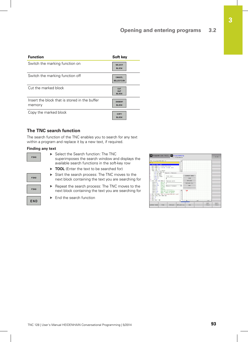 The tnc search function, Opening and entering programs 3.2 | HEIDENHAIN TNC 128 (77184x-02) User Manual | Page 93 / 513