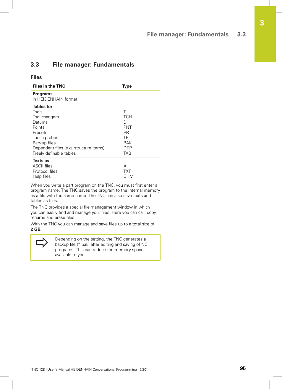 3 file manager: fundamentals, Files, File manager: fundamentals | File manager: fundamentals 3.3 | HEIDENHAIN TNC 128 (77184x-02) User Manual | Page 95 / 513