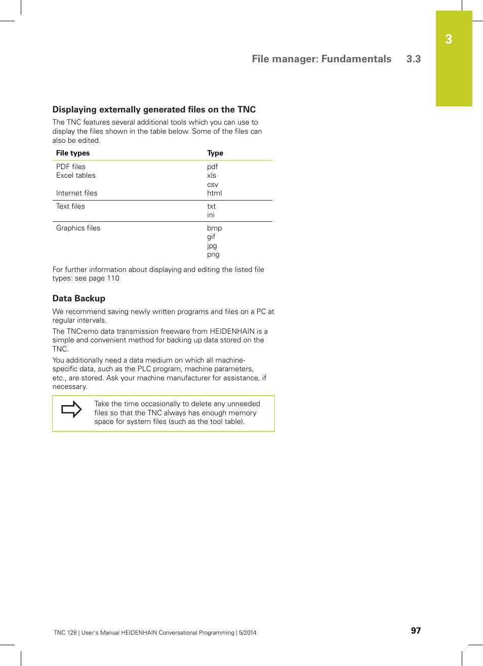 Displaying externally generated files on the tnc, Data backup, File manager: fundamentals 3.3 | HEIDENHAIN TNC 128 (77184x-02) User Manual | Page 97 / 513