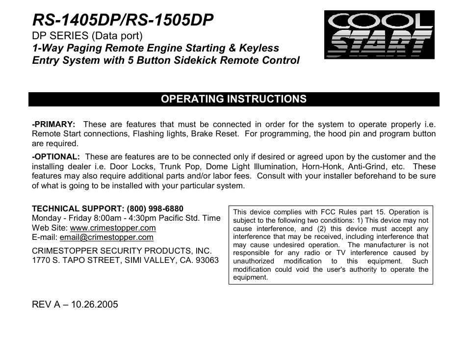 Crimestopper Security Products RS-1505DP User Manual | 14 pages