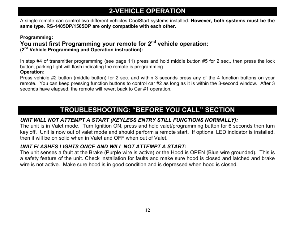 Vehicle operation, You must first programming your remote for 2 | Crimestopper Security Products RS-1505DP User Manual | Page 12 / 14