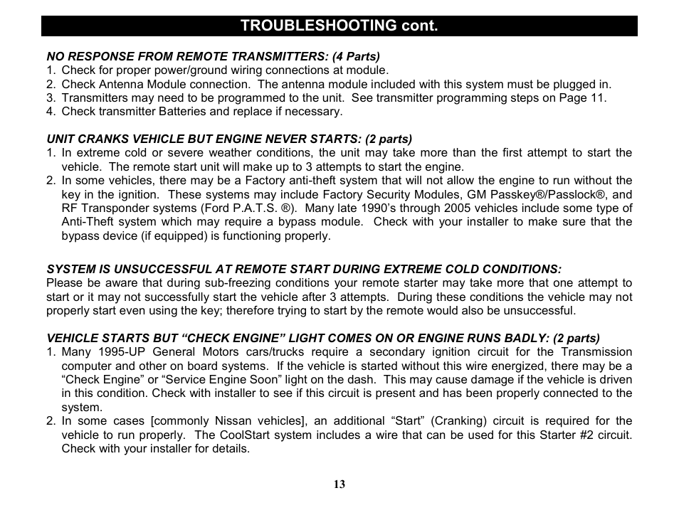 Troubleshooting cont | Crimestopper Security Products RS-1505DP User Manual | Page 13 / 14