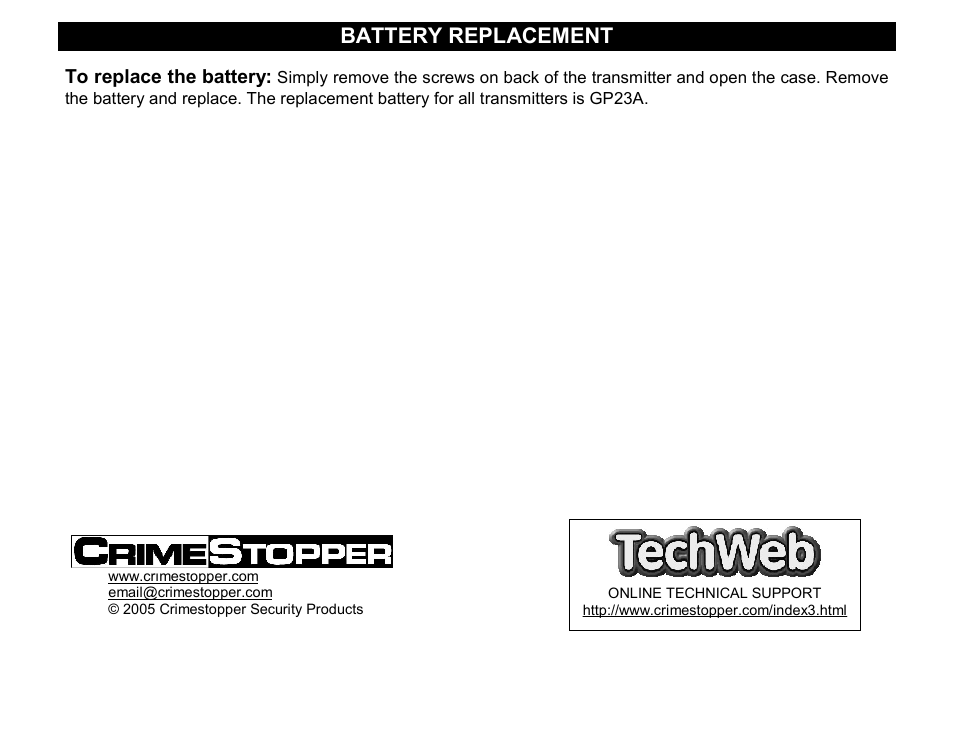 Battery replacement | Crimestopper Security Products RS-1505DP User Manual | Page 14 / 14