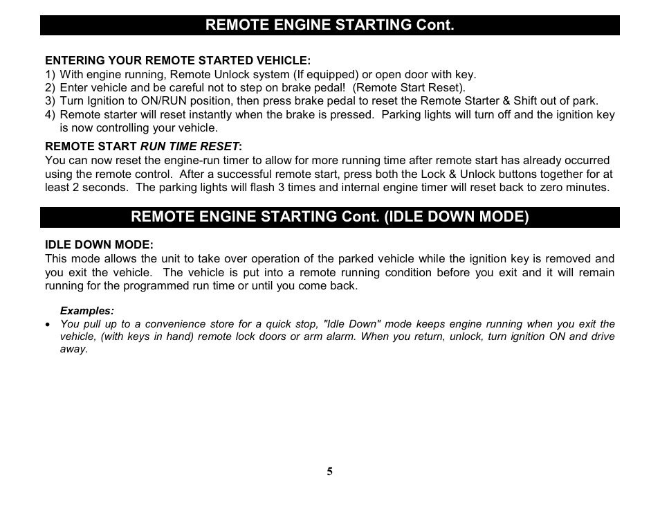 Remote engine starting cont, Remote engine starting cont. (idle down mode) | Crimestopper Security Products RS-1505DP User Manual | Page 5 / 14