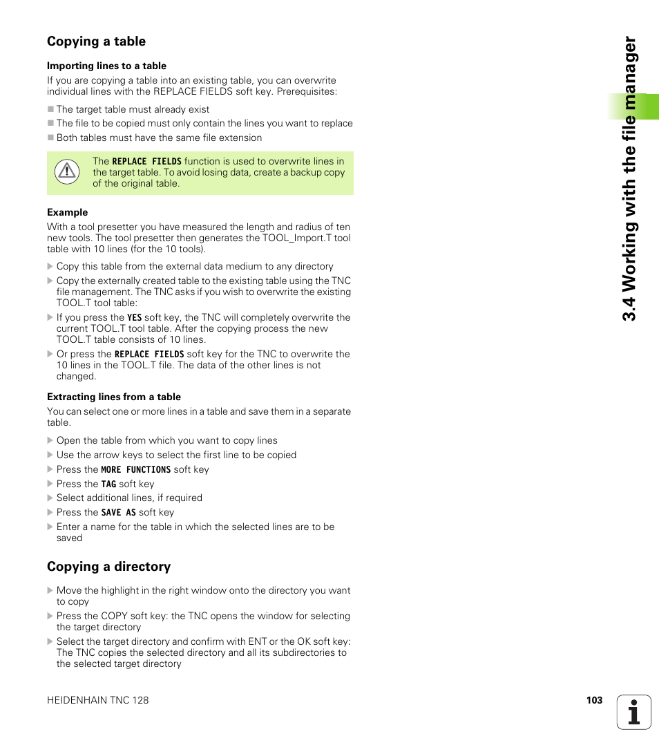 Copying a table, Copying a directory, 4 w o rk ing with the file manag e r | HEIDENHAIN TNC 128 (77184x-01) User Manual | Page 103 / 505